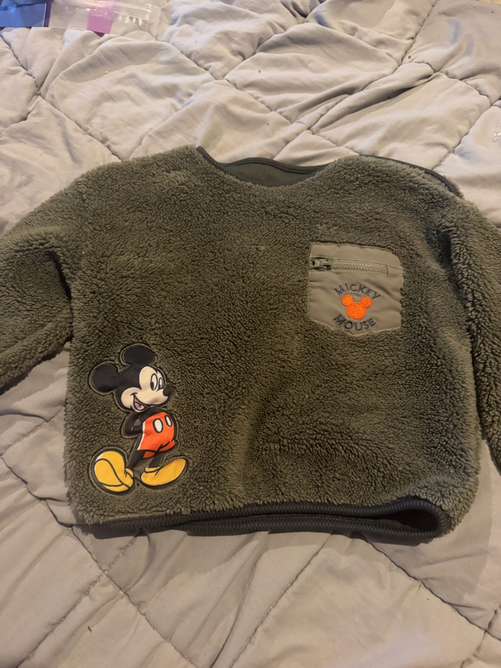 Disney Olive Green Mickey Mouse Sherpa Pullover Hoodie for Kids
